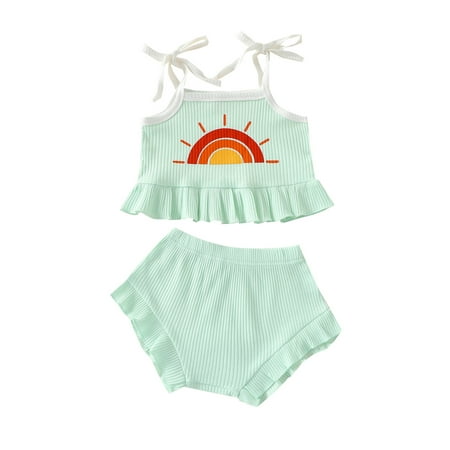 

Bagilaanoe 2Pcs Toddler Baby Girl Short Pants Set Sun Pattern Sleeveless Crop Tops + Shorts 6M 12M 18M 24M 3T 4T Casual Summer Short Pants Set