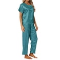 thumbnail image 4 of cheibear Women's Satin Pajamas Set Summer Outfits Short Sleeves Tops with Pants Silky Lounge Sets L Peacock Green, 4 of 5