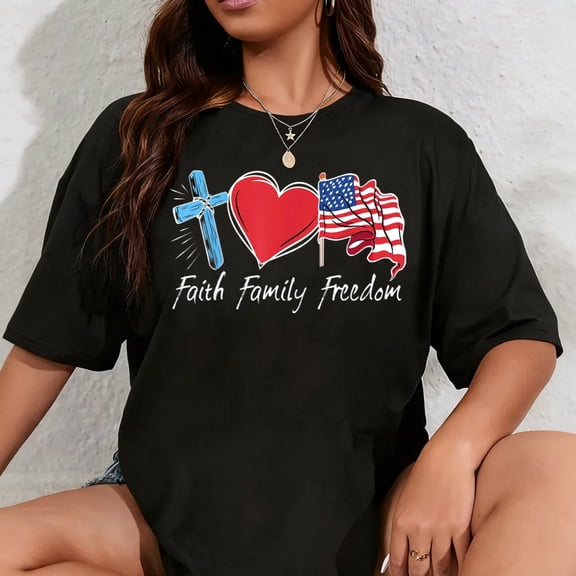 100% Cotton Patriotic Retro Faith Family Freedom USA Flag 4th of July T-Shirt