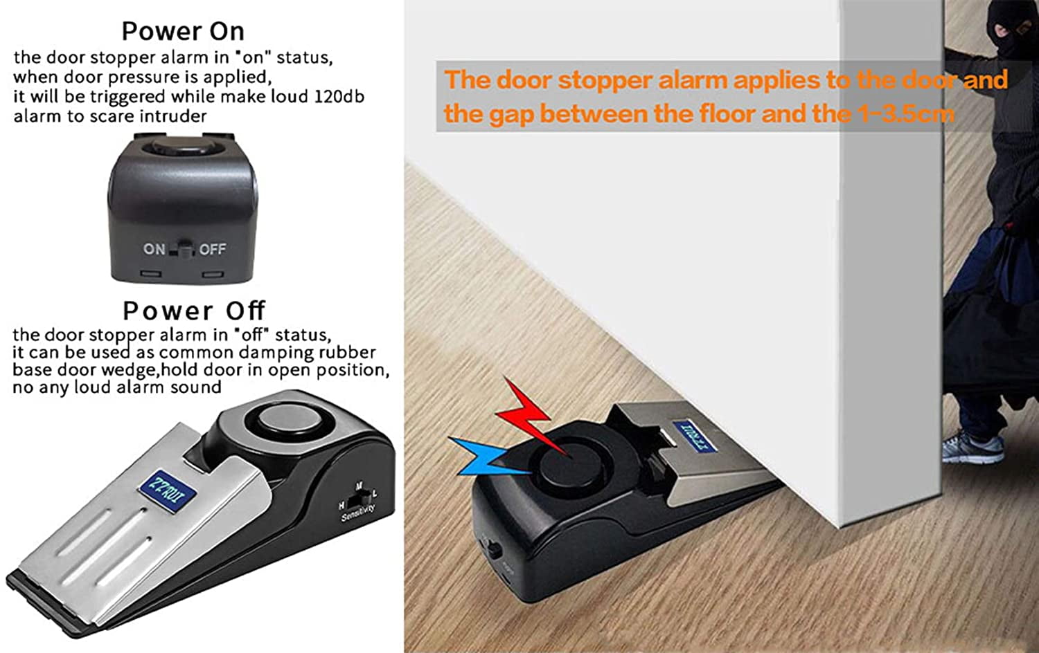 JJEAN-Upgraded 2 in 1 Portable Door Stopper Floor Wedge Security Alarm Loud 120db Entrance Alert Door Stop Alarm for Travel Home Apartment House (3 Packs)