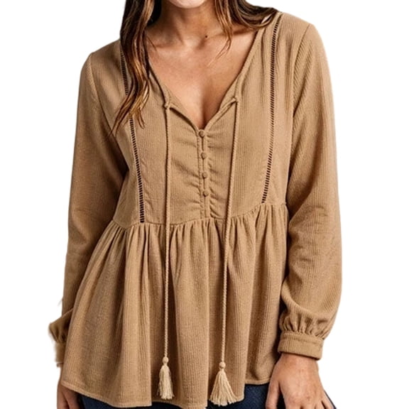 Babydoll Blouses for Women Plus Size V Neck Long Sleeve Tassel Peasant Tops