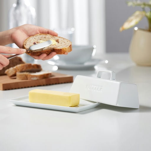 Kook 7.5” Covered Single Stick White Butter Dish Ceramic Tray with