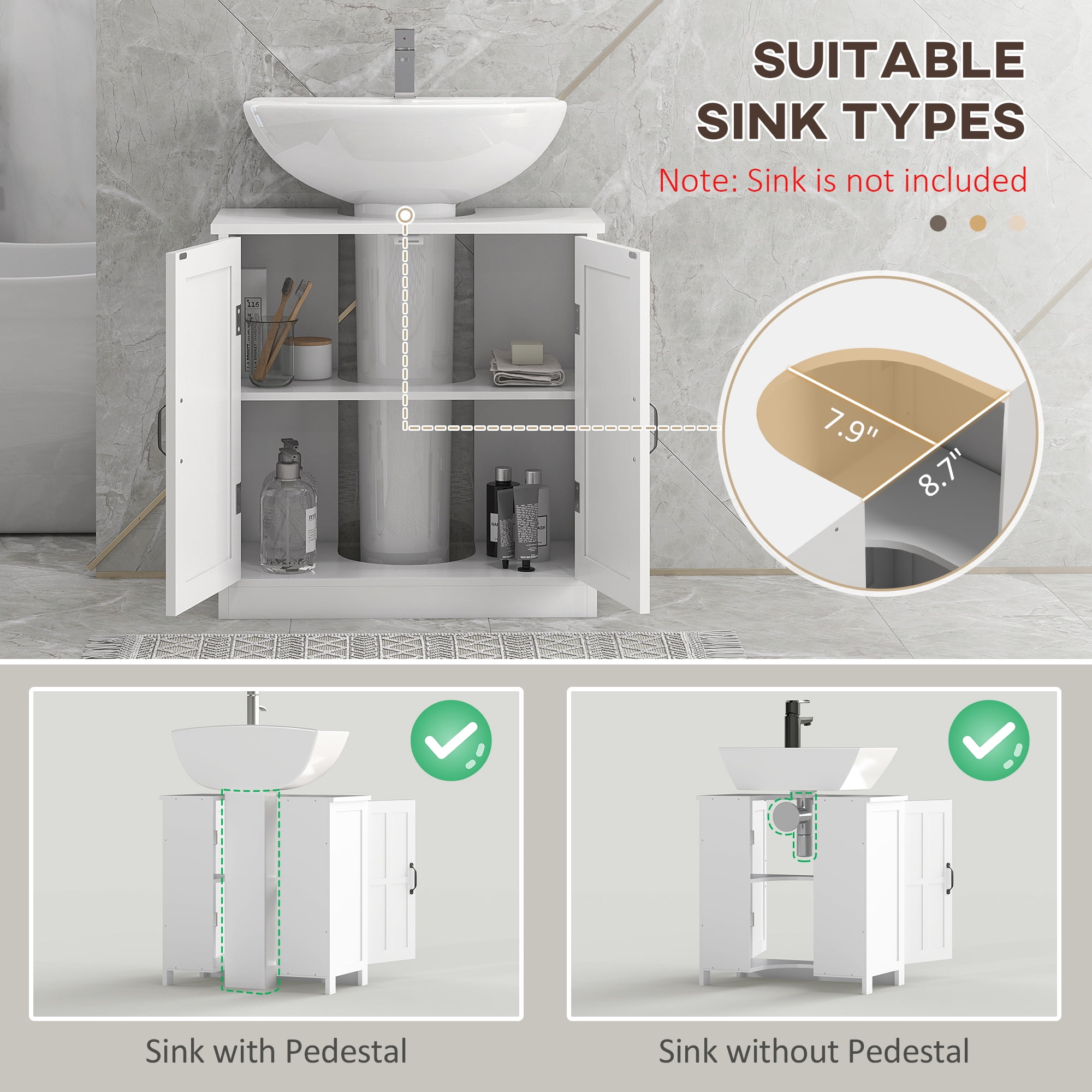 kleankin Pedestal Under-Sink Cabinet, Bathroom Storage Unit with Double Doors and Adjustable Shelf, White