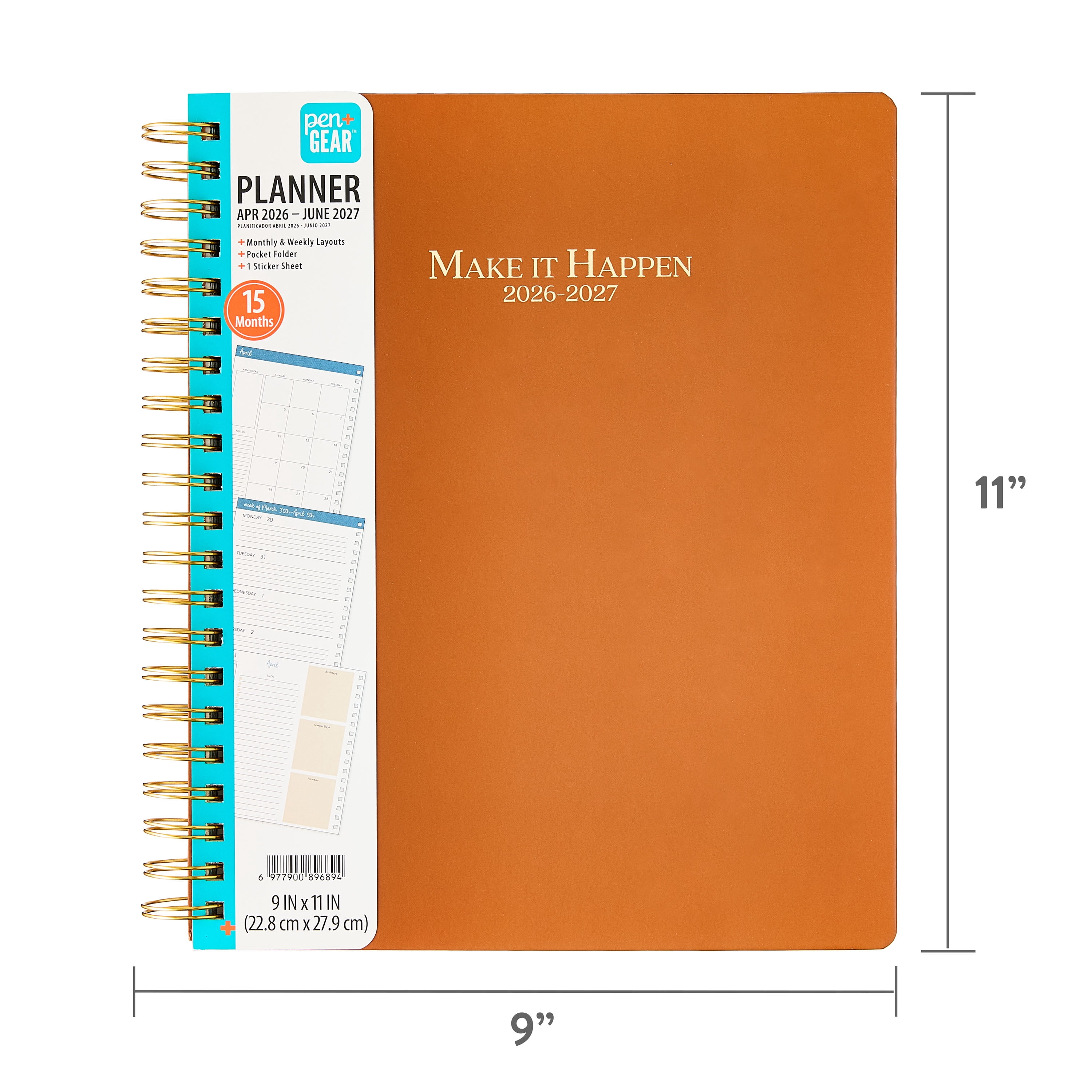 Pen+Gear 15-Month 9" x 11" Hardcover Spiral-Bound Planner, Brown, Weekly & Monthly Format
