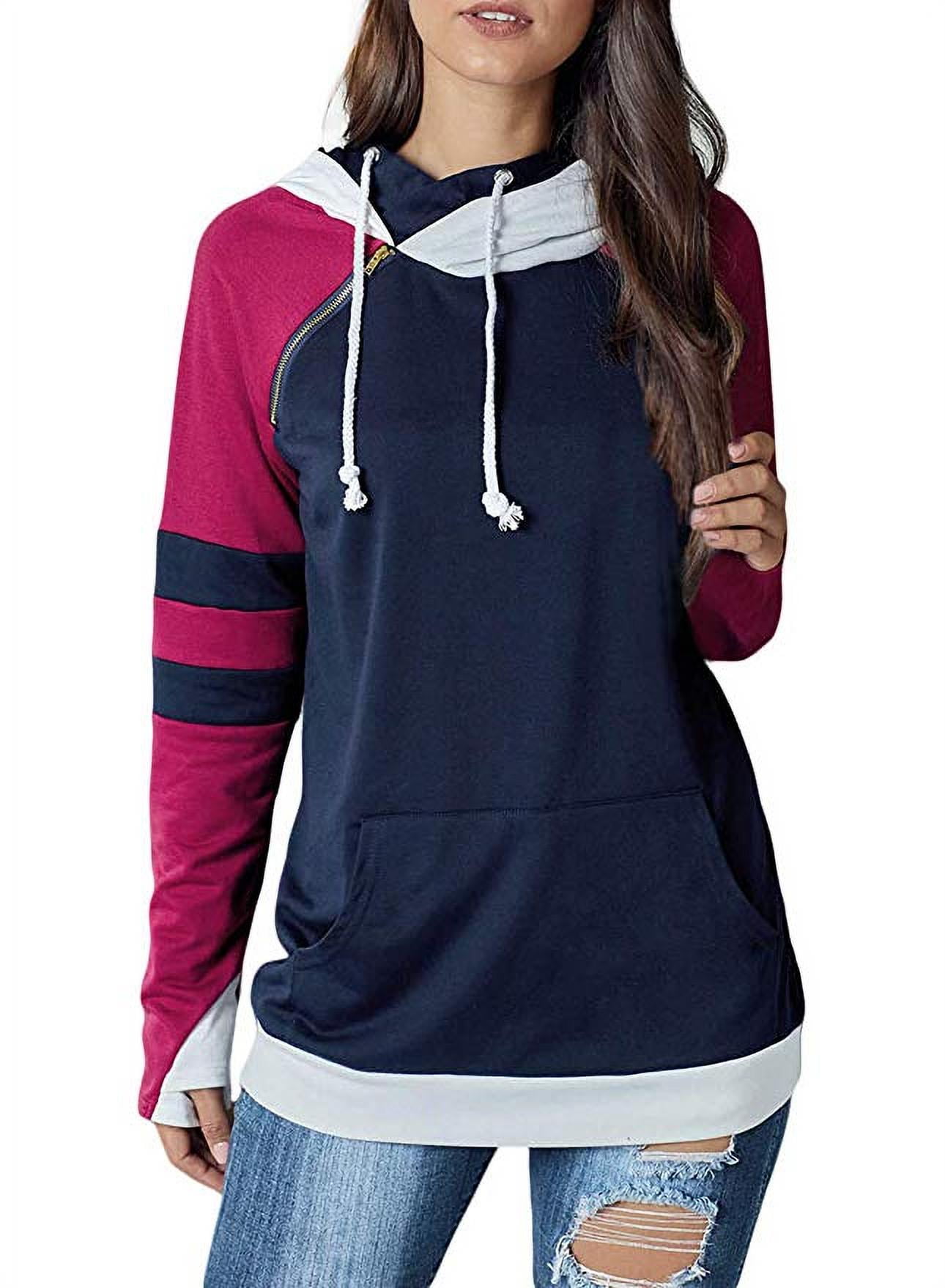 Womens Striped Hoodies Casual Cowl Neck Long Sleeve Drawstring Top Color Block Zipper Pullover Sweatshirt with Pockets 