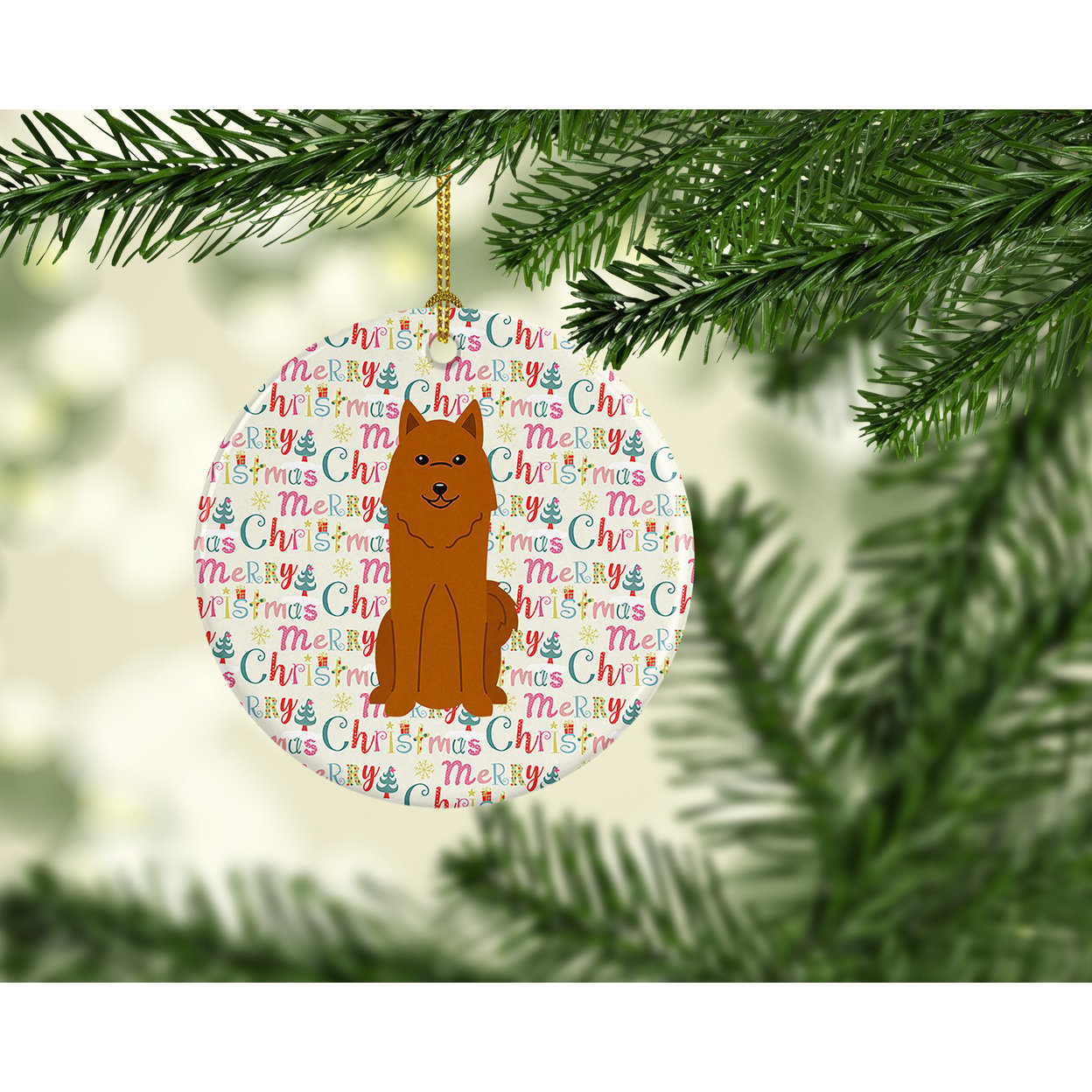 Merry Christmas Karelian Bear Dog Ceramic Ornament 2.8 in x 2.8 in