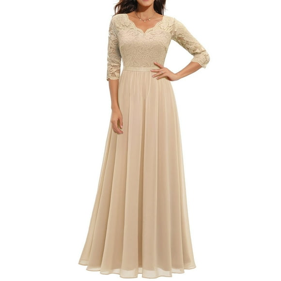 Bigersell Wedding Dresses for Guest Clearance Female V-Neck 3/4 Sleeve Maxi Bridesmaid Dress Style D-61 Corset Dress Regular Summer Dresses , Beige XL