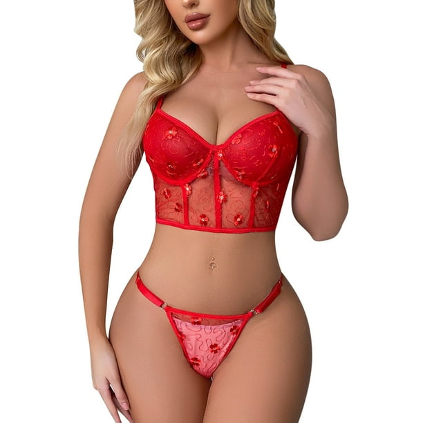 PEZHADA Lingerie for Women 2023,Sexy Lingerie for Women Set,Ladies Cute  Girl Solid Erotic Lingerie Sexy Lace Bra And Panties Split Suit Regular  Push-Up Bra Red S 