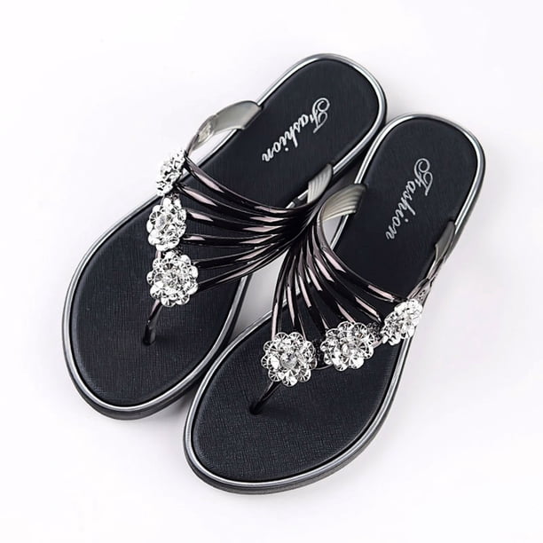 MKLEKYY Sandalias de Playa para Mujer Elegantes Zapatillas de Mujer para Comodidad Diaria y Relajación En La Playa Con Diseño de Tira En La Puntera y Diamantes de Imitación