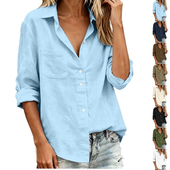 QINGFSAP Womens Collared Button Down Shirt Long Sleeve Cotton Linen Blend Casual Blouse