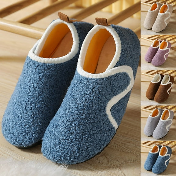 Womens Loafer Slippers Non-Slip Round Toe Flat Heel Slip-on Flats Outdoor Indoor Home Household Silent Fashionable Fall Winter Thick-Soled Warm Sandals for Couples