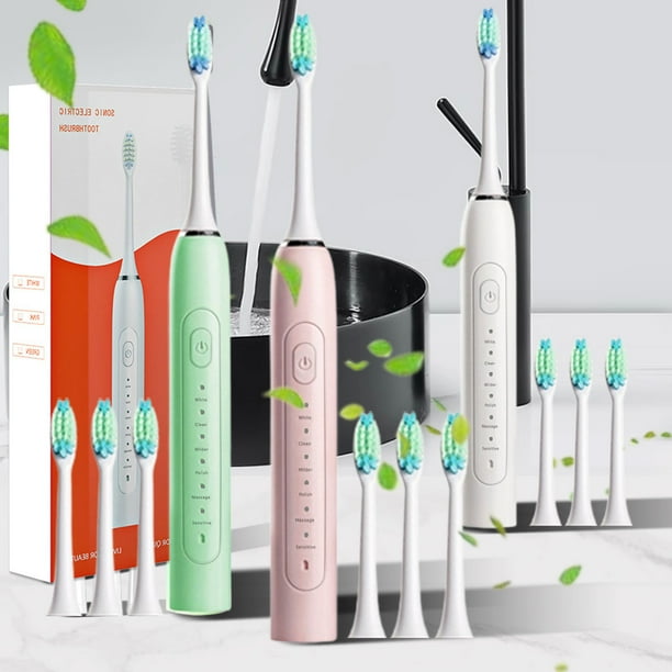 Cepillo de Dientes Eléctrico, 6 Modos de Limpieza, 42 000 Pasadas Por Minuto, Ipx7 Resistente Al Agua, 4 Cabezales de Repuesto, Limpieza Profunda, 60 Días de Batería, Ideal para Viajes, Blanco, Verde