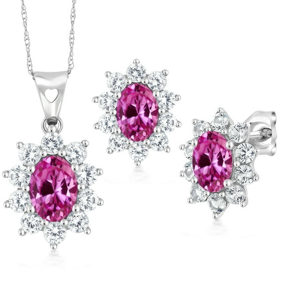 Gem Stone King 3.10 Cttw Oval Pink Created Sapphire 10K White Gold Pendant Earrings Set for Women | Oval 7X5MM and 6X4MM | With 18 inch Chain