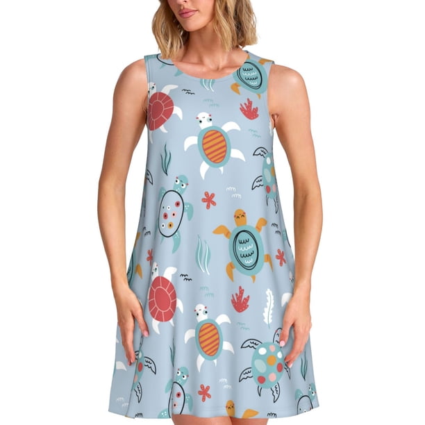 Balery Sea Turtle Vestidos de verano para mujer con estampado: vestido holgado sin mangas, vestido playero informal y cómodo para días calurosos.