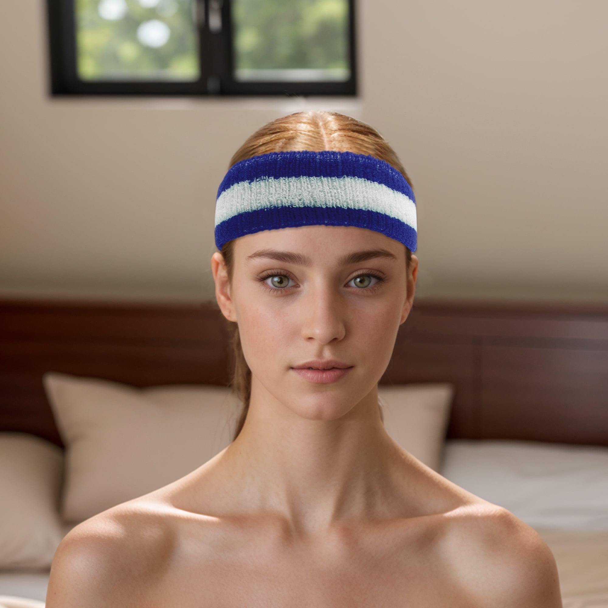 Unique Bargains 3Pcs Headband with Wristband Sweat Headband Blue White