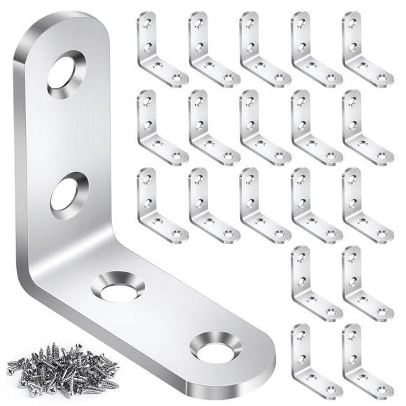Juego de 20 soportes de esquina con soporte en L, soportes en L de acero inoxidable para estantes de madera, soporte de ángulo recto de 90 grados con 80 tornillos, soportes de esquina de metal para mu