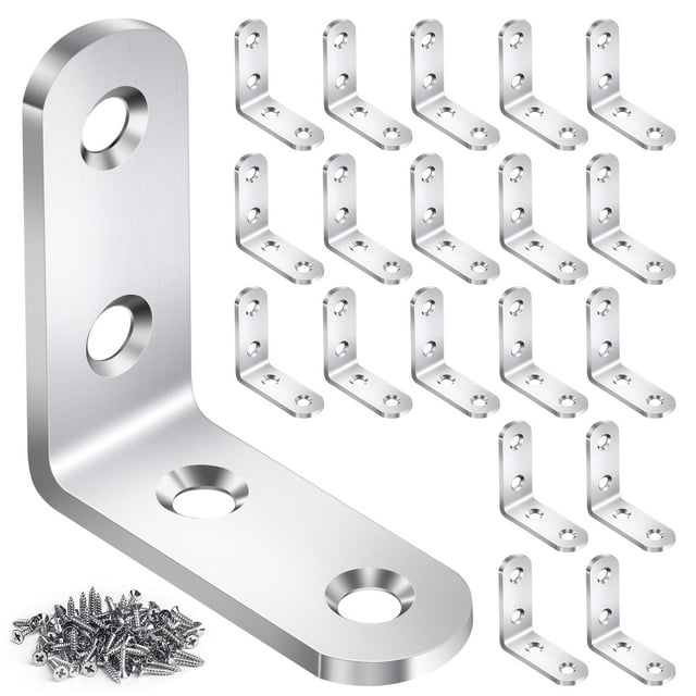 Juego de 20 soportes de esquina con soporte en L, soportes en L de acero inoxidable para estantes de madera, soporte de ángulo recto de 90 grados con 80 tornillos, soportes de esquina de metal para mu