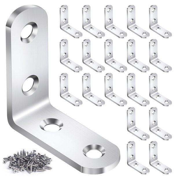 Juego de 20 soportes de esquina con soporte en L, soportes en L de acero inoxidable para estantes de madera, soporte de ángulo recto de 90 grados con 80 tornillos, soportes de esquina de metal para mu