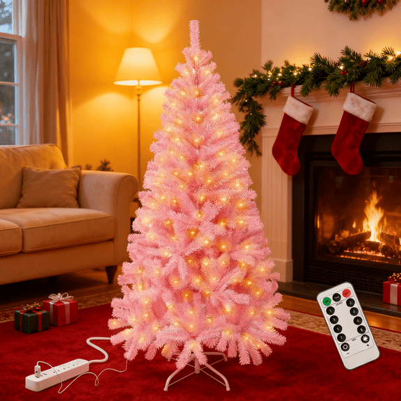 Gamexcel 4.5ft Pink Artificial Christmas Tree - 50ft LED String Light with Remote Control and Timmer Xmas Decors