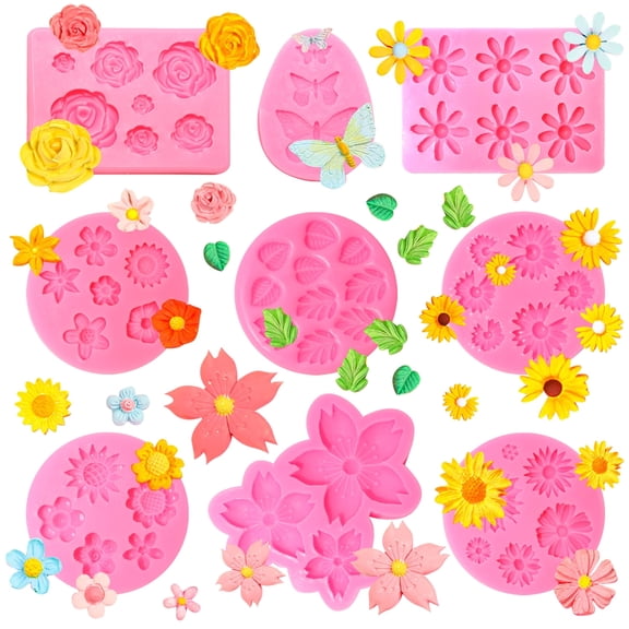 9 Pack Cute Flower Silicone Molds, Small Rose Daisy Sunflower Leaf Floral Fondant Molds, for Polymer Clay, Chocolate, Cupcake Topper, Cake Resin DIY Craft Decoration