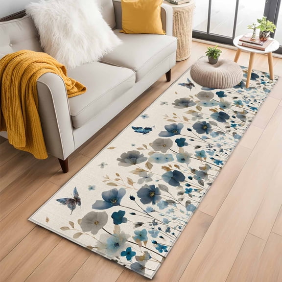 Blue Floral 2'x6' Runner Rugs for Hallway Kitchen Bedside Non Slip Washable, Spring Watercolor Flowers Butterflies Beige Entryway Rug Runners with Rubber Backing, Long Carpet Runner for Laundry Room