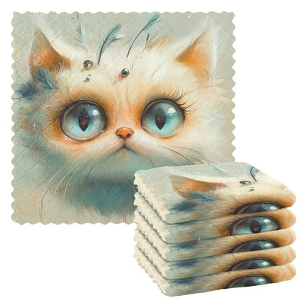 

6 Pieces of Kitchen Towels 11x11Inch Kitchen Dish Cloths Kitchen Dish Towels Reuseable Cleaning Cloths Blue-eyed Cat