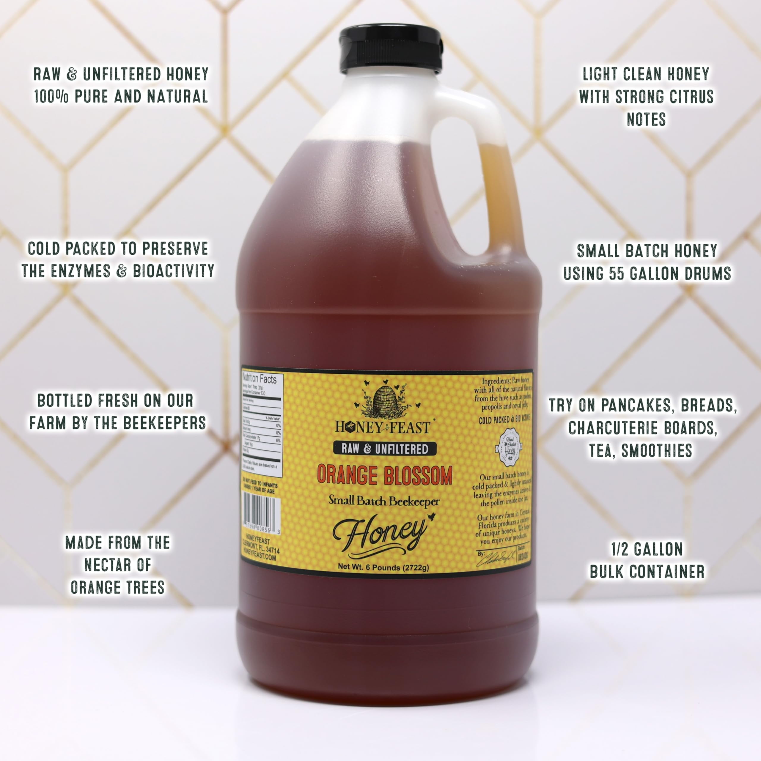 HONEY FEAST Raw Orange Blossom Honey - 6 Pounds (Pack of 4), All Natural, Unfiltered, Unheated, from Oranges, Perfect for Sweetening & Baking