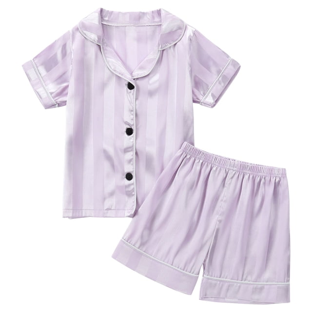 Odeerbi 1-8 Años Niños Niñas Pijama de Verano de Satén Con Solapa de Muesca Camisa de Manga Corta Pantalón Conjunto de Ropa de Dormir Suave