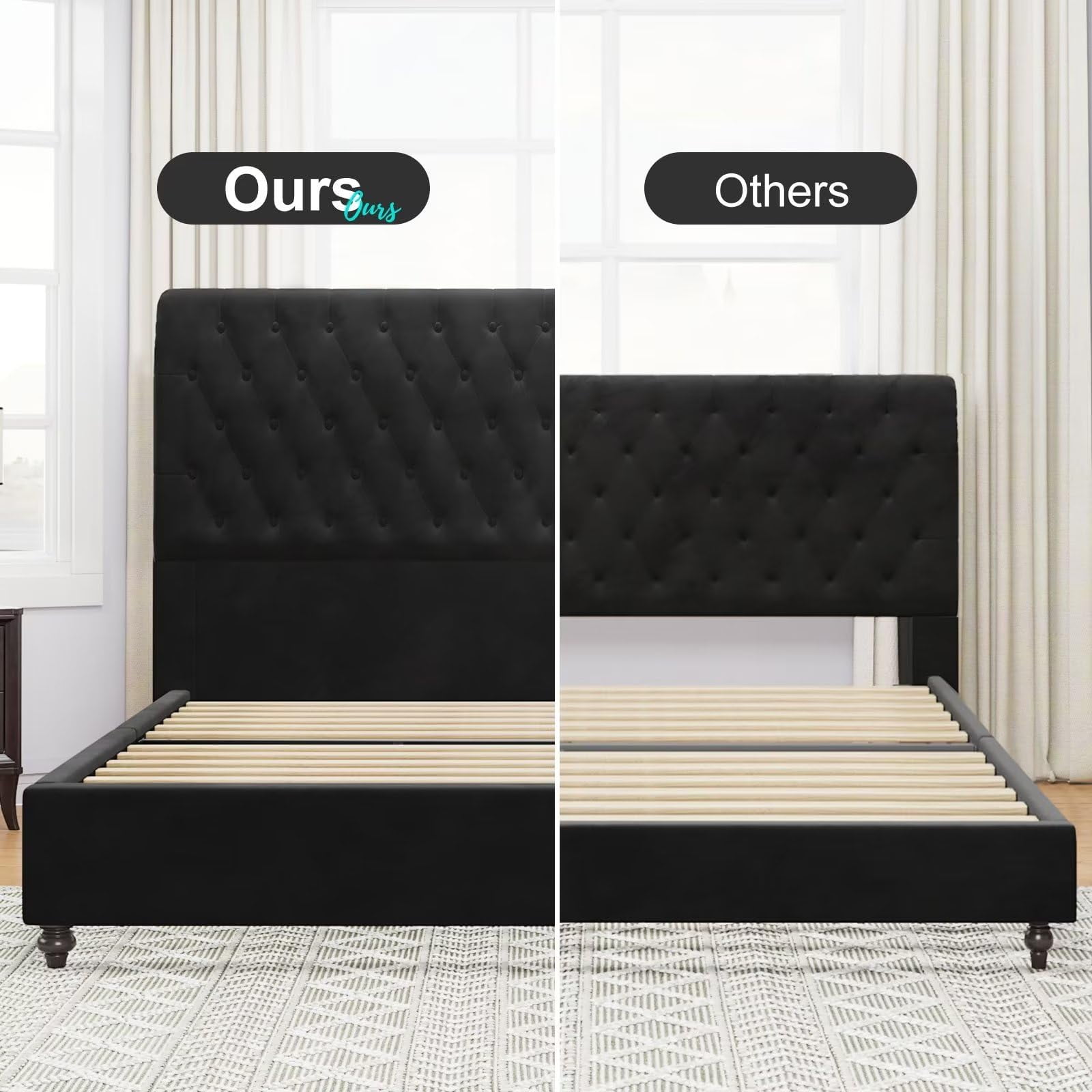 Merluxy Queen Platform Bed Frame with Velvet Upholstered,Button Tufted 52.8" Tall Sleigh Headboard,Black