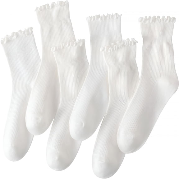 OQRKI 6 Pair Women Ankle Ruffle Socks for Girls Casual Cute Slouchy Breathable Ribbed Knit Fall Frilly Crew Athletic Socks