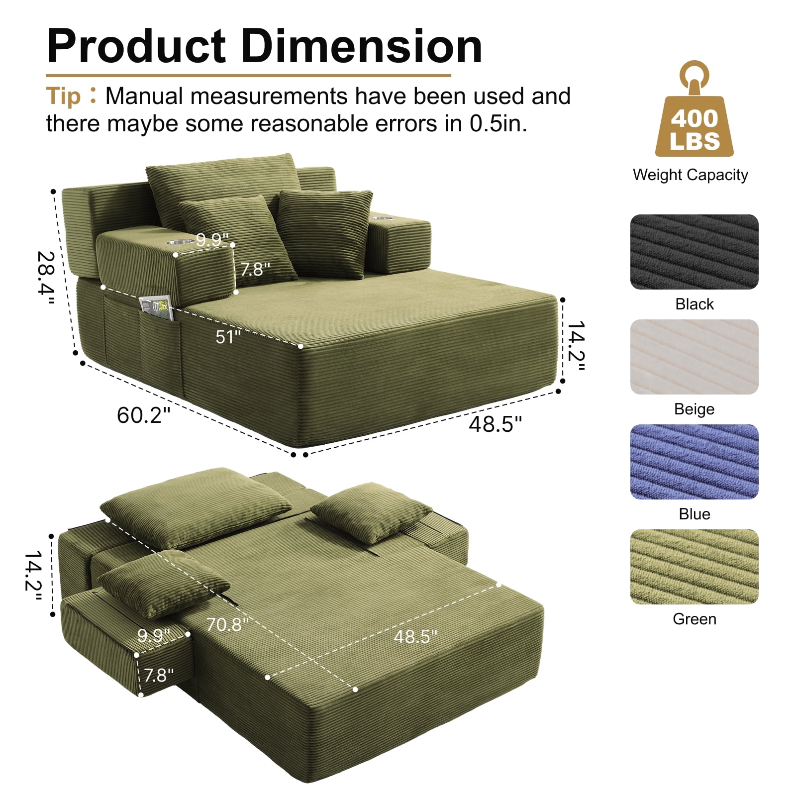 48" Wide Luxurious Corduroy Chaise Lounge with 3 Pillows, 71" Convertible Sofa Bed with Storage Pocket and Cup Holders