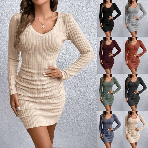 Miqool Long Sleeve Sweater Dresses for Women Ribbed Knit Mini Dresses V Neck Bodycon Casual Short Dress