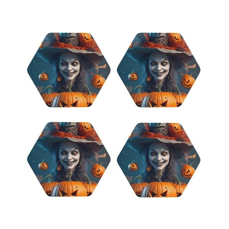 

Coasters Set of 4 - Modern Style Pumpkin Witch Drink Coasters for Tabletop Protection Leather Coasters for Living Room Decor and Housewarming Gift Hexagon