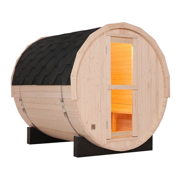 Outdoor Traditional Barrel Steam Sauna – 2-4 Person Natural White Pine Sauna Room with Tempered Glass Door, Weather-Resistant Asphalt Roof for Garden, Backyard