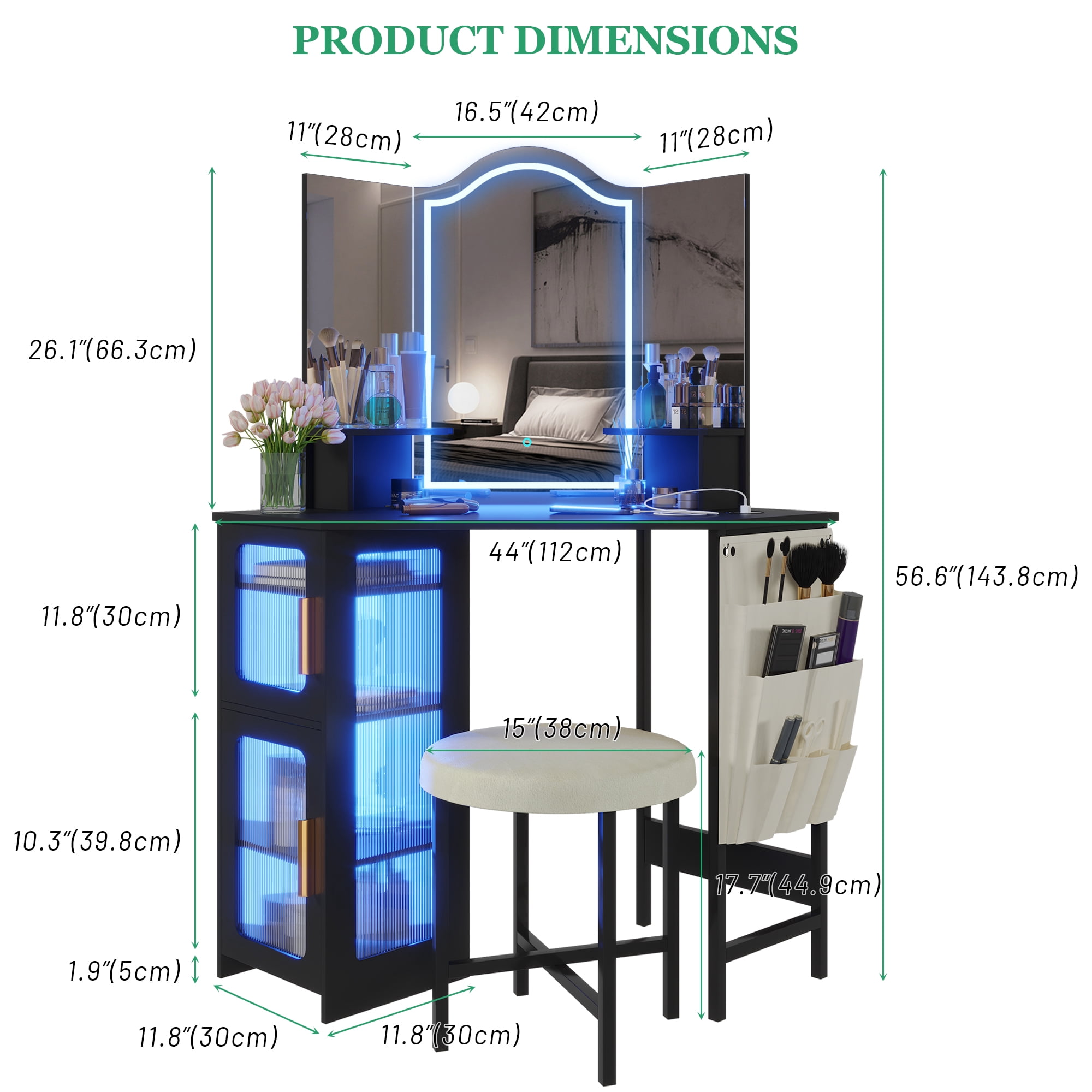 LVSOMT Makeup Vanity Desk with 3 Lighting Options, Dressing Table with Charging Station, Vanity Set with 4 Cabinets, Shelves and Stool, Corner Vanity for Women Girls, Black