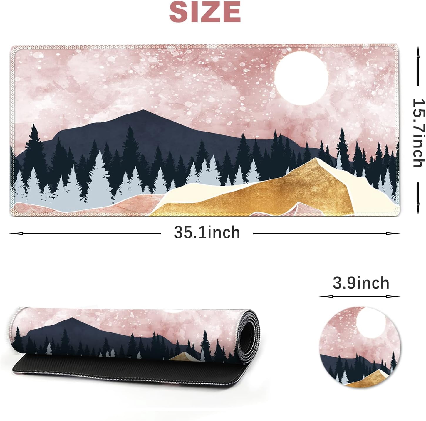Large Gaming Mouse Pad with Stitched Edges, XXL Extended Keyboard Mat Long Mousepad Desk Decor Writing Pad 35.1x15.7 in, Non-Slip Base for Work, Game, Office, Home, Pink Abstract Mountain