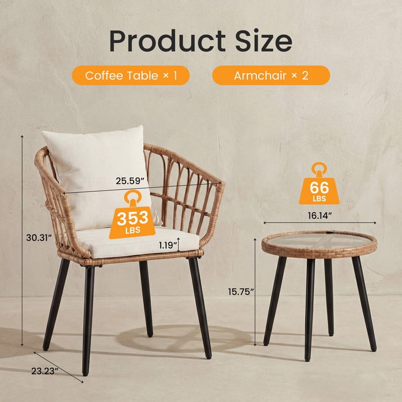 Gianna 3 Piece Outdoor Patio Furniture Set, Wicker Bistro Chairs with Glass Top Table for Apartment Balcony, Small Backyard, Porch and Deck, Beige