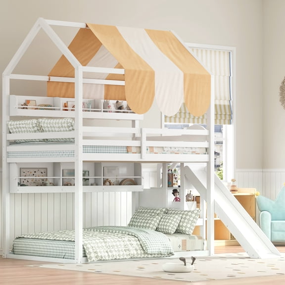 DeepRoar Full over Full House Bunk Bed with Slide, Wood Bunk Bed with Canopy, Bookshelves, Guardrails and Ladder, Bunk Bed for Teens and Adults, Space Saving Bunk Bed for Bedroom, Easy Assembly,White