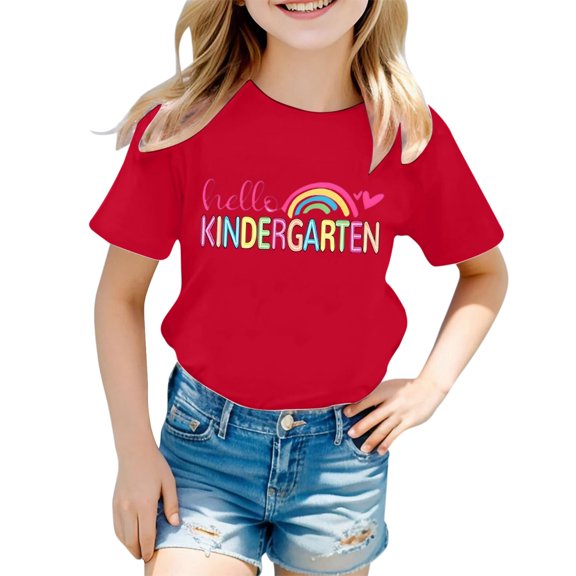 Bainana Kindergarten T Shirts For Girls Letter Print Short Sleeve Tops Big Kids Trendy Back To School T-Shirts