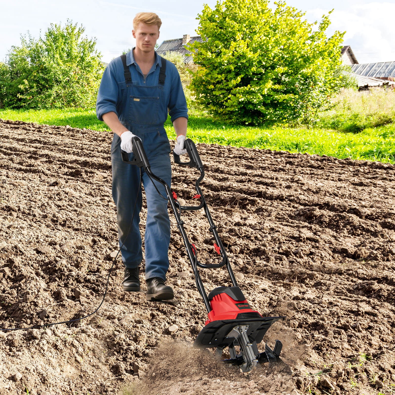 Costway Corded Electric Tiller Cultivator, 10 Amp Powerful Foldable Garden Rototiller Red