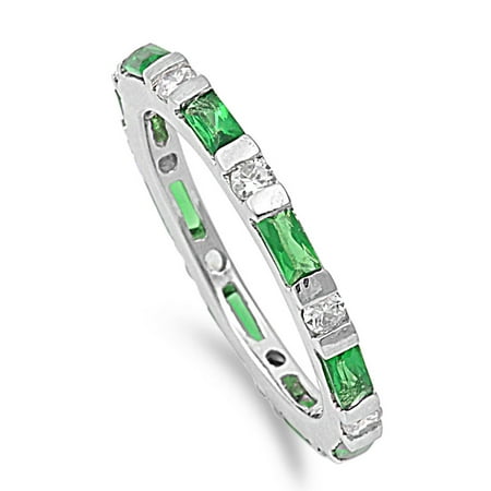 Sterling Silver Clear Baguette Alternating Stones Eternity Eternity Baguette Emerald Cubic Zirconia Ring Sterling Silver 925 ()