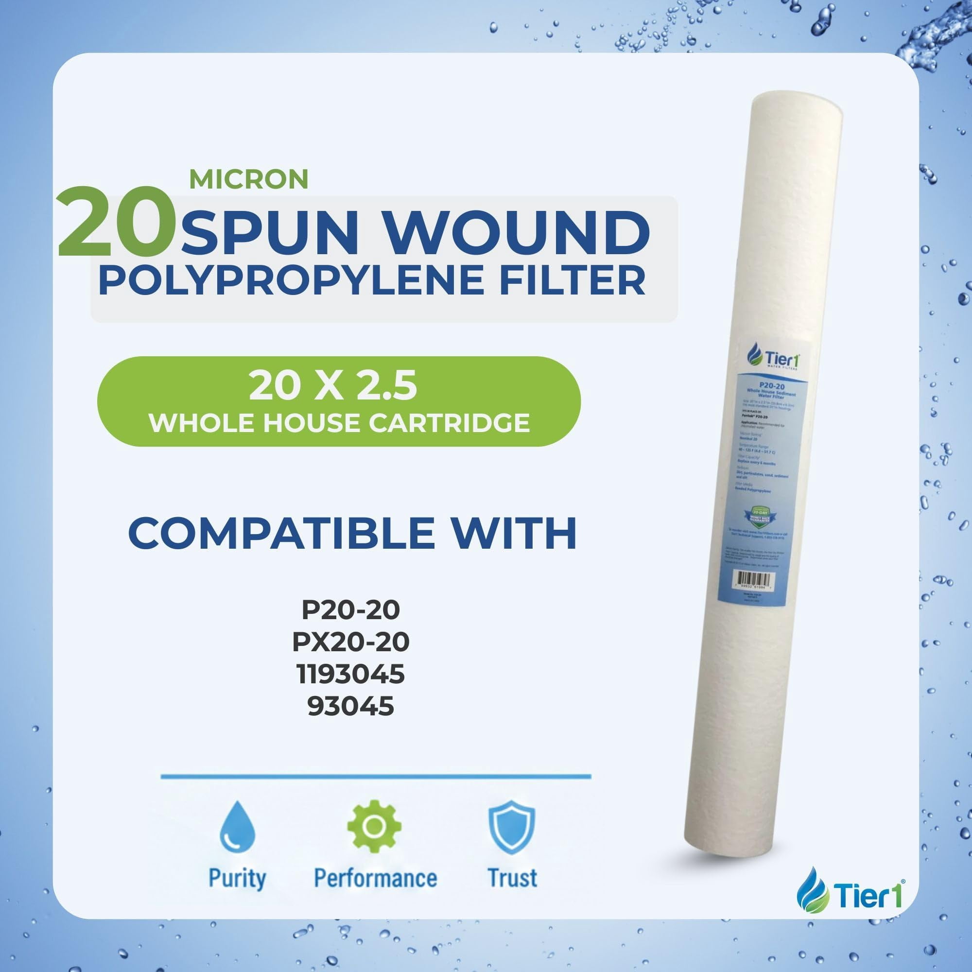 Tier1 20 Micron 20 x 2.5 Water Filter | Spun Wound Polypropylene Whole House Sediment Water Filter Cartridge | Replacement for Pentek P20-20, Purtrex PX20-20 | 2.5 x 20 Whole House Pre-Filter
