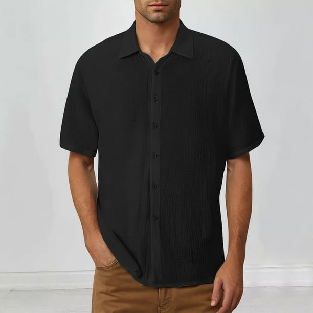 Blusa y camisa de manga corta con cuello vuelto para hombre, informal, lisa, a la moda, con cuello vuelto y bolsillo, con botones, de manga corta