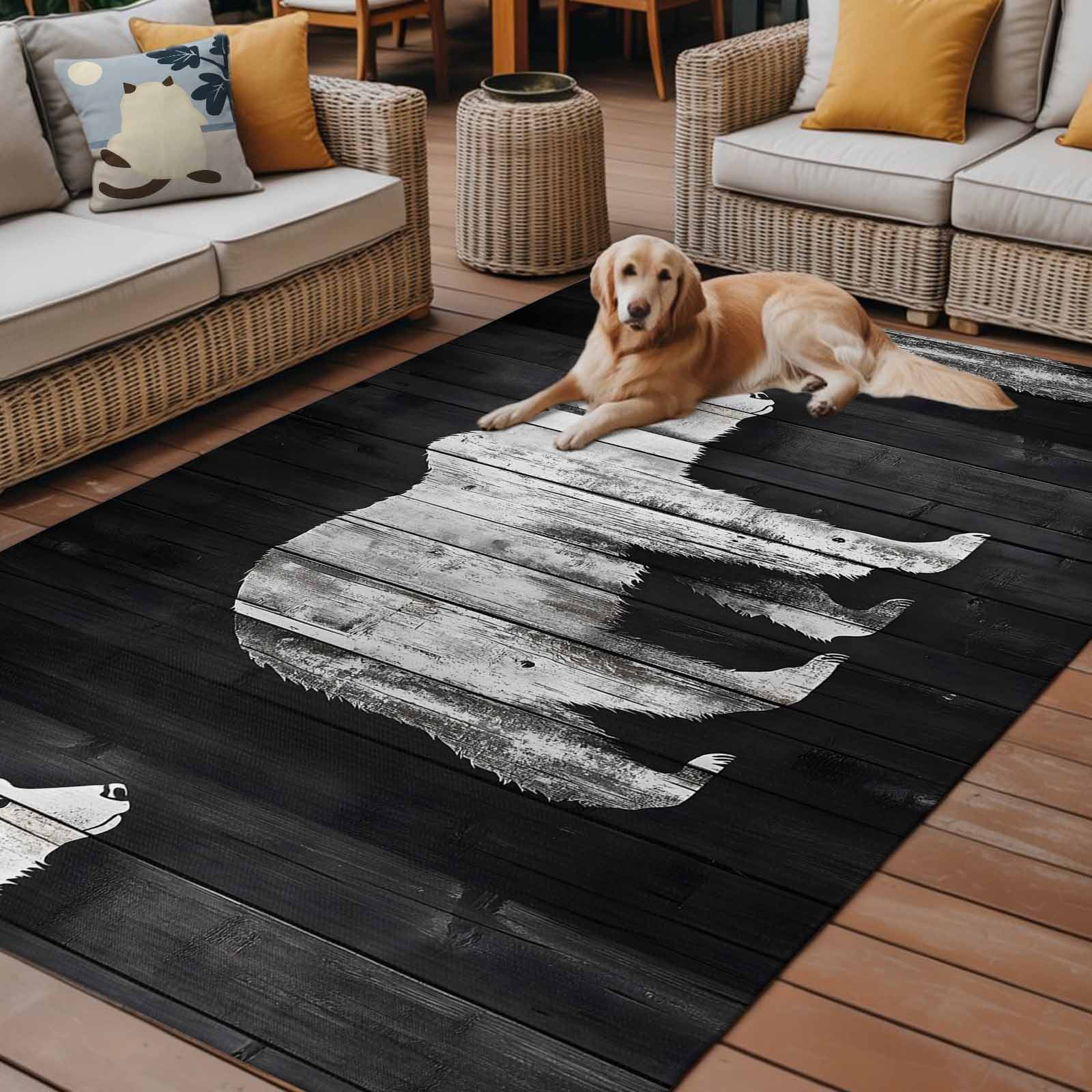 Fsddascl Black White Bear Outdoor Rug for Patio/Deck/Porch, Non-Slip Large Area Rug 4 x 6 Ft, Farmhouse Country Rustic Wooden Grain Indoor Outdoor Rugs Washable Area Rugs, Camping Rug Carpet