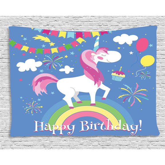 Unicorn Party Tapestry, Happy Birthday Quote with Fairy Tale Animal Marching on Rainbow with Balloons, Wall Hanging for Bedroom Living Room Dorm Decor, 80W X 60L Inches, Multicolor, by Ambesonne