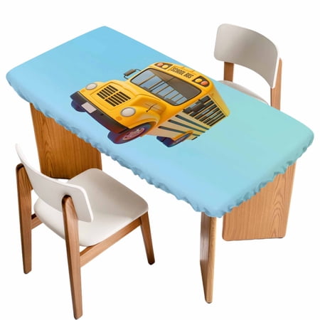 School Bus Table Cloths for 6 Foot Rectangle Tables Cartoon Funny Yellow Transportation Truck Blue Patio Waterproof Elastic Fitted Tablecloths Washable Rectangular Table Cover for Camping