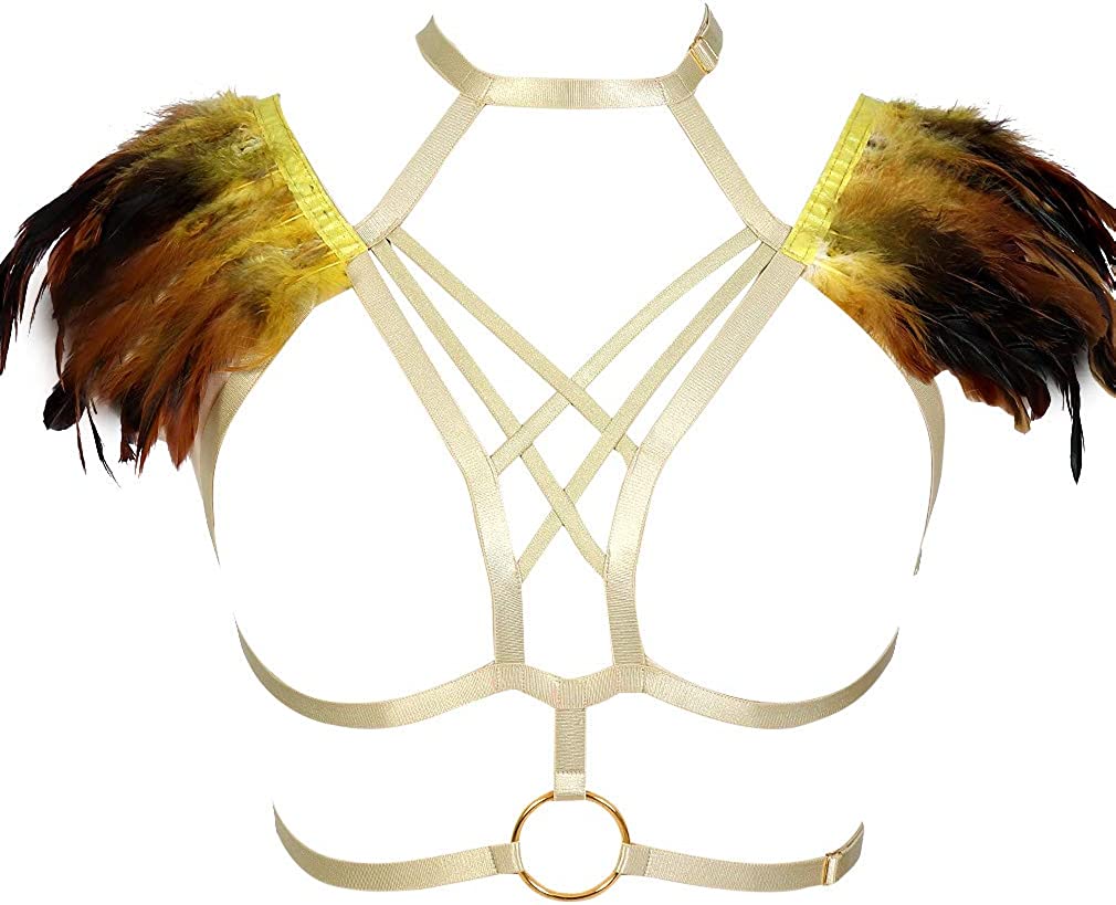 Body Harness Feathers Hollow Out Tops Epaulette Shoulder Wing Punk Goth Rave Festival Burning