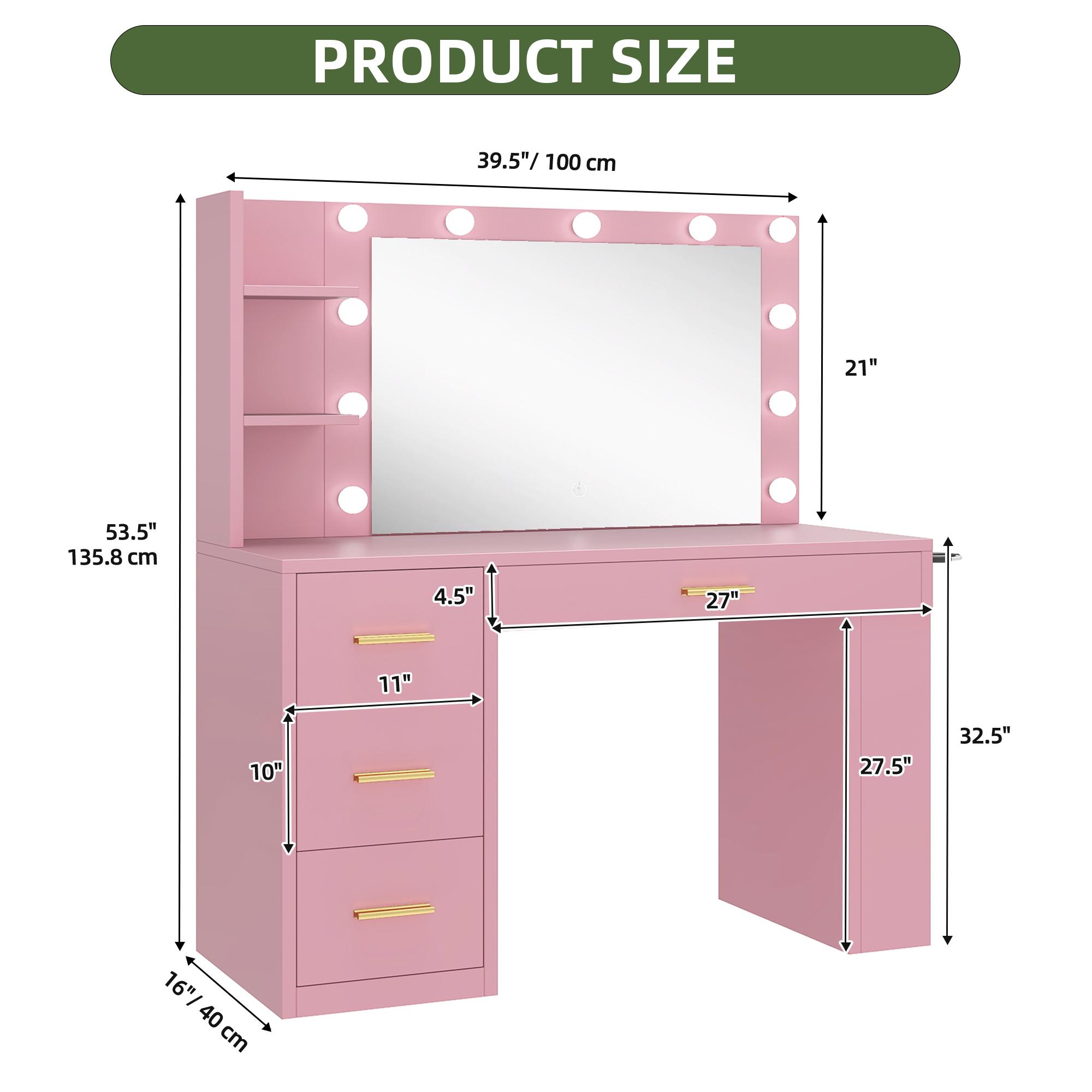Uforic 39.5" Makeup Vanity Desk with LED Mirror, 4 Drawers, 6 Shelves, Power Outlets,Dressing Table for Bedroom - Pink