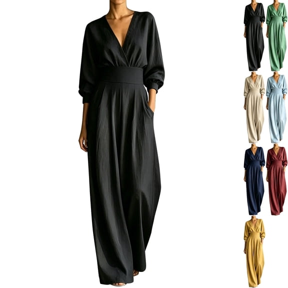 Womens High Waisted Wide Leg Jumpsuit V Neck Pleated Dressy Wrap Romper 3/4 Sleeve Flowy Fall Overalls for Office Business with Side Pockets, Black, XL