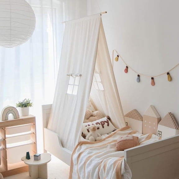 Kids Canopy Bed Tent - Cotton Canvas Hanging Canopy Bed Curtains, Bedroom Decor, Bed Canopy for Girls/Boy, Crib Canopy,Boho Nursery Accent,White.